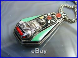 Vtg Silver Enamel Buddha WATCH NECKLACE 1920's Art Deco Rare One of a Kind
