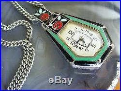Vtg Silver Enamel Buddha WATCH NECKLACE 1920's Art Deco Rare One of a Kind