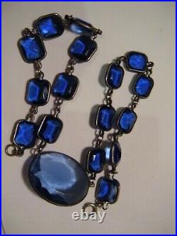 Vtg Victorian Sterling Silver Art Deco Necklace Faceted Blue Crystals Open Back