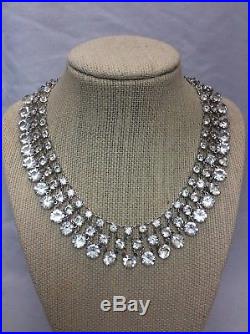 Vtg art deco open back clear crystal bezel Bibs Collar silver tone necklace