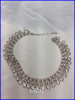Vtg art deco open back clear crystal bezel Bibs Collar silver tone necklace