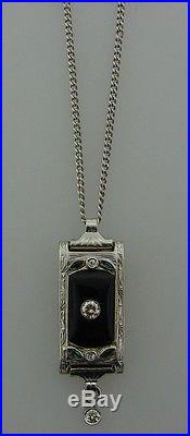 WOW Art Deco 14k White Gold, Platinum, Diamond, Emerald & Onyx Necklace C. 1920s