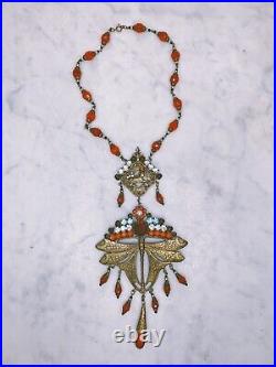 Womens Vintage Necklace Bohemian Glass Art Deco Egyptian Revival Filigree