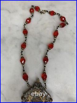 Womens Vintage Necklace Bohemian Glass Art Deco Egyptian Revival Filigree