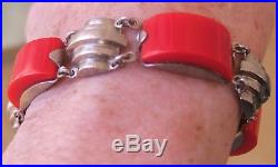 Wonderful Vintage Art Deco Jakob Bengel Chrome & Red Modernist Bracelet