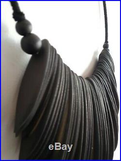 Wooden Cuttlefish And Bead Necklace Hand Crafted Black Tribal decor